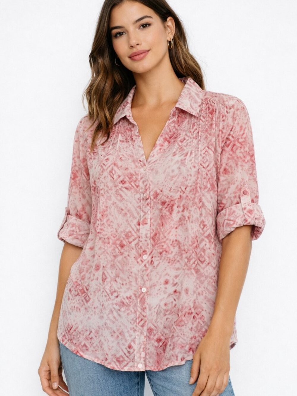 Gloria Vanderbilt Lightweight Pink & Cream Printed Button-Down Collared Blouse